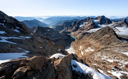 Panoramic view Mountain panorama into the Ridnaun valley, ascent to the Wilder Freiger, summit of