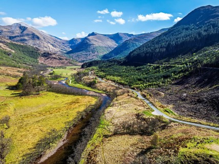 Glen Nevis Valley and River Navis from a drone, Fort William, Lochaber, Highland, Scotland, United