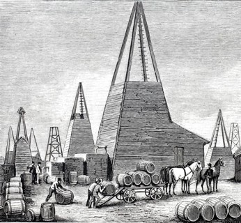 Petroleum wells in Oelheim, Ölheim, oil production, drilling tower with basins in front of it to
