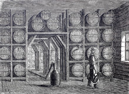 Vinegar production, fermentation room with barrels of vinegar, around 1870, digitally enhanced