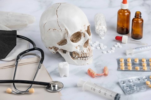 Medical utensils, tablets with skull and teeth