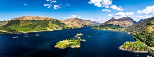 Panorama of Loch Leven from a drone, Glencoe, Highland, Scotland, United Kingdom
