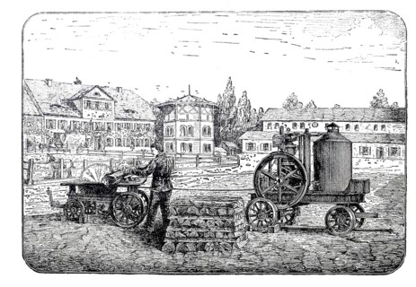 Mobile circular saw and splitting machine with petrol engine, designed by J.M. Grob & Co. from