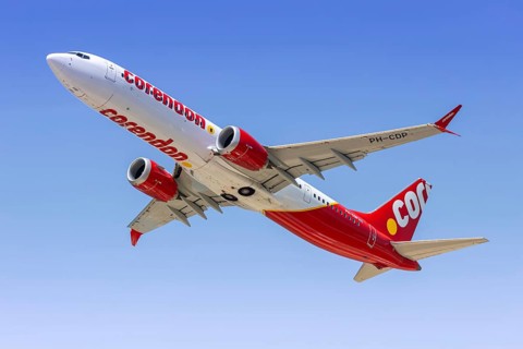 A Boeing 737 MAX 9 aircraft of Corendon with the registration PH-CDP at Rhodes Airport, Greece