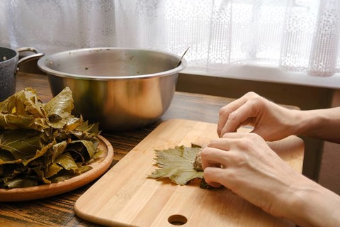 Grape leaves are carefully shaped and filled with a savory mixture in a warm kitchen. Female hands