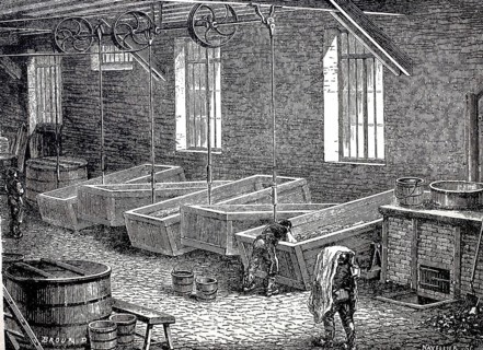 Leather processing, worker in a white tannery in Hungary, around 1880, digitally enhanced