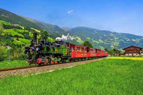 Historic Zillertal railway with steam locomotive, Zillertal, Zillertal Alps, Tyrol, Austria