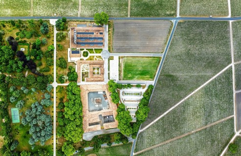 Top Down view over Chateau d'Armailhac Vineyard and grape fields around Pauillac and Gironde