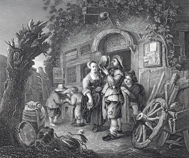The tinker checking a pot for reproducibility, travelling craftsman, steel engraving after a