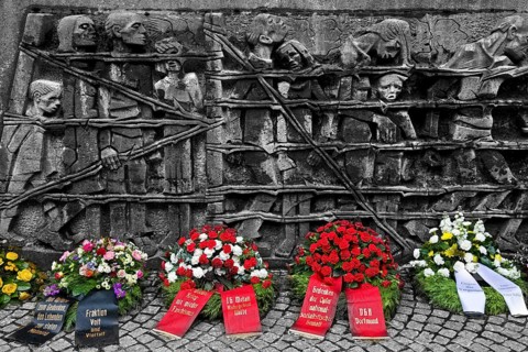 Bittermark memorial, memorial site, detail with wreath of flowers for the memorial service on Good