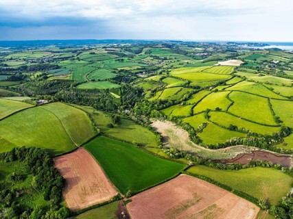 Farms and Fields over River Dart from a drone, Stoke Gabriel, Totnes, Devon, England, United
