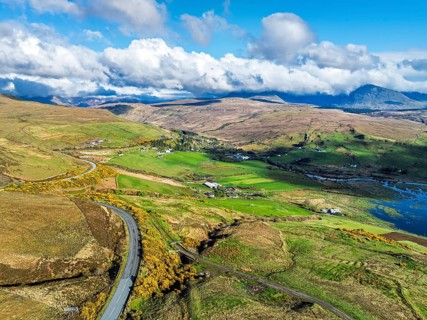 Farms and Moors over Loch Harport from a drone, Drynoch, Isle of Skye, Highlands, Scotland, United