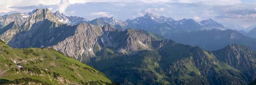 Panorama at sunset from Zeigersattel to Höfats 2259m, Allgäu Alps, Allgäu, Bavaria, Germany