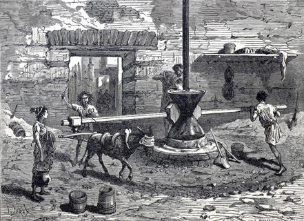 Milling, mill, mill of the ancient Romans driven by donkey and man, grain mill, millstone,