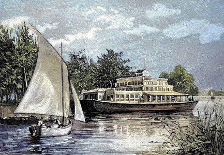 Houseboat, floating villa on the Thames, England, illustration from 1894, reproduction, digitally
