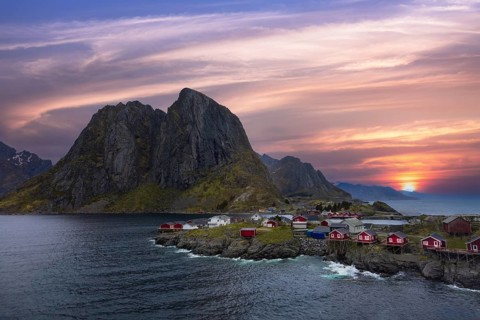 Beautiful Reine fishing village, scenic dramatic views of Lofoten islands in Norway