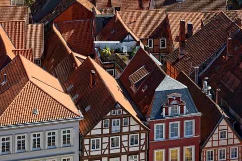 View from the town church tower over the roofs of the historic old town with its four hundred