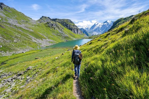 Mountaineer on hiking trail in picturesque mountain landscape, view of mountain lake Lac du Louvie
