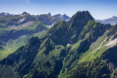 Mountain panorama from Laufbacher-Eckweg to Höfats, 2259m, Allgäu Alps, Allgäu, Bavaria, Germany