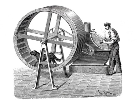 Dog driving the wheel of a whetstone, man sharpening a knife, digitally enhanced reproduction of a