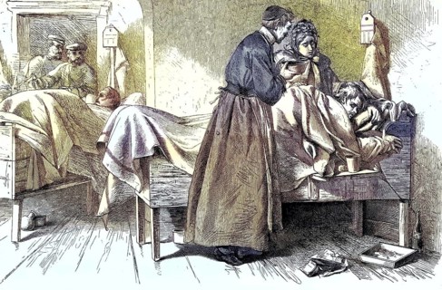 In the Prussian main hospital in Flensburg, Germany, coloured woodcut from 1864, medical staff