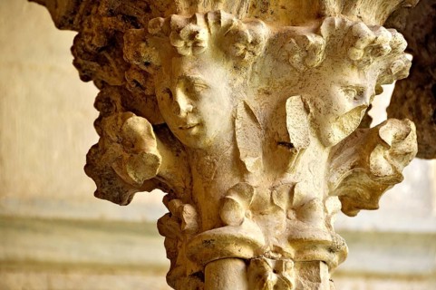 Slender Gothic column with filigree capital in the cloister, Gothic basilica of the Cistercian