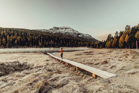 Young woman at Lake Staz near Sankt Moritz in the Engadine in Switzerland. Morning atmosphere with