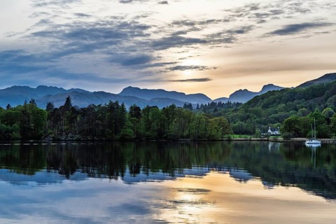 Sunset over Windermere Lake, Ambleside, Lake District, Cumbria, England, United Kingdom