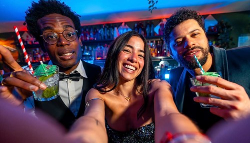 Cheerful multi ethnic friends enjoying cocktails and capturing joyful selfies at a vibrant