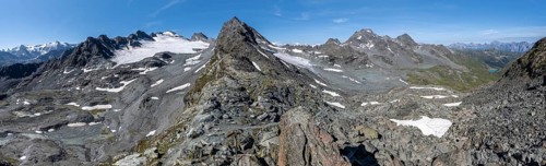 Panorama, rocky mountain landscape with glacier Glacier du Prafleuri, at Col de Prafleuri, Valais