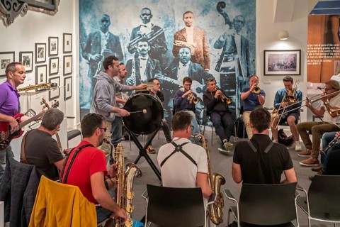 New Orleans, Louisiana - Musicians playing at the New Orleans Jazz Museum. The museum is housed in