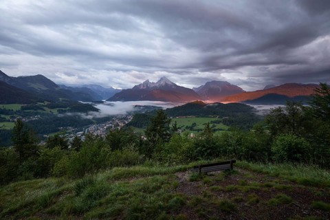Marxenhöhe near Berchtesgaden with Watzmann view in the morning mist after the rain
