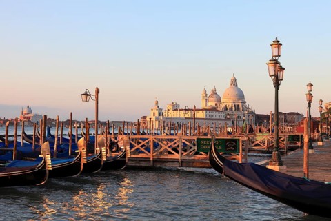 Gondolas in front of the Piazzetta behind the Basilca di Santa Maria della Salute, Vemedig, Veneto,