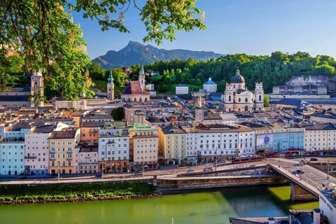 Panoramic view from the Kapuzinerberg over the Salzach river to the old town and the Untersberg