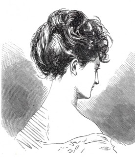 Women's heads, hairstyles and headgear around 1860, hairstyle a la Struwelpeter, short hairstyle,