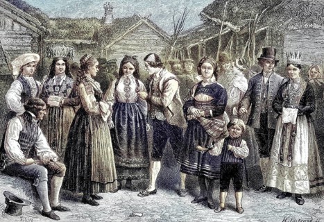 A group in Norwegian costumes, Norway, Illustration, published 1890, Reproduction, digitally