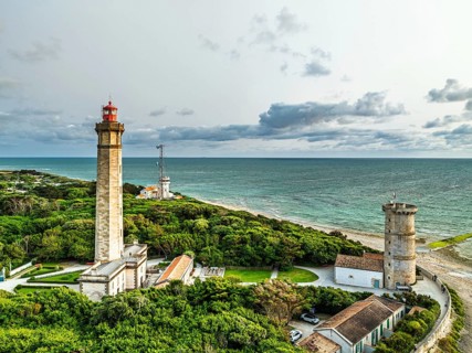 WHALE LIGHTHOUSE from a drone, Saint-Clement-des-Baleines, Atlantic, France