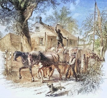 Homestead in Kansas in the 1870s, America, digital reproduction from American Pictures, drawn with