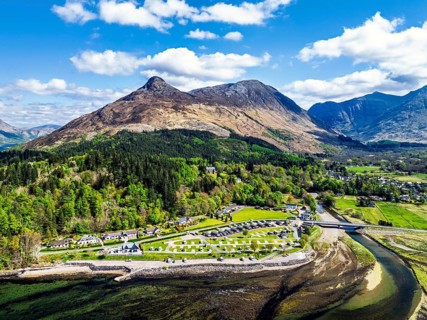 Loch Leven and Holiday Park from a drone, Glencoe, Highland, Scotland, United Kingdom