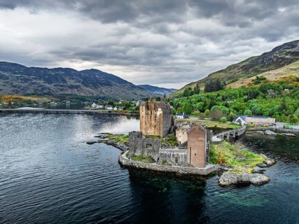 Eilean Donan Castle and Loch Duich from a drone, Isle of Skye, Highlands, Scotland, England, United