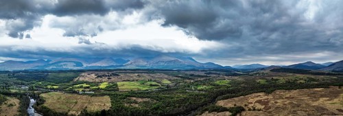Panorama of Nevis Range Mountains from a drone, Grampian Mountains, Highland, Lochaber, Scotland,