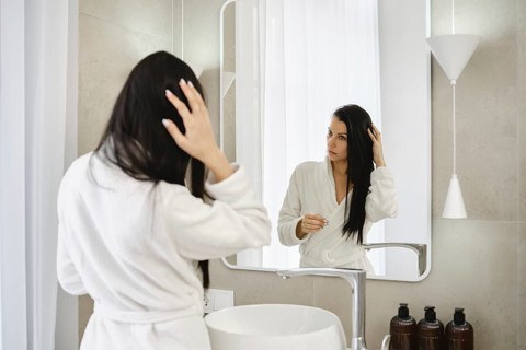 A woman stands in front of a mirror in a modern bathroom, dressed in a white bathrobe. She is