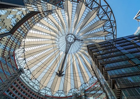 Low-angle view of the glass roof of Das Center at Potsdamer Platz, formerly known as the Sony
