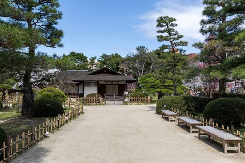 Seifukan teahouse in Shukkei-en, historical Japanese strolling garden, Japanese garden, green area,