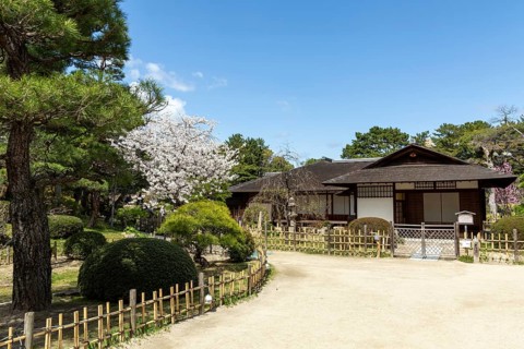 Seifukan teahouse in Shukkei-en, historical Japanese strolling garden, Japanese garden, green area,