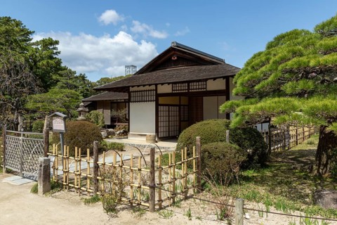 Seifukan teahouse in Shukkei-en, historical Japanese strolling garden, Japanese garden, green area,