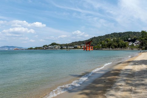 Beach with surf and torii in the water, sight, tourist attraction, UNESCO World Heritage Site,