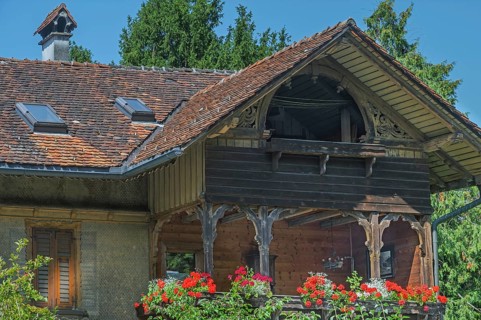 Old villa with wooden shingle façade, large balcony with floral decorations, around 1900, Dornbirn,