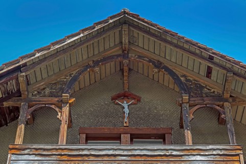 Old villa, wooden shingle façade with crucifix around 1900, Dornbirn, Vorarlberg, Austria