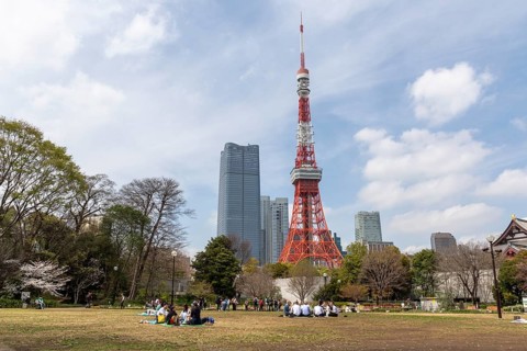 Sightseeing, tourist attraction, Tokyo Tower and young Japanese people in Shiba Park, Shibakoen,